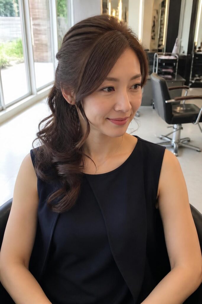 Half pony with side-swept curls