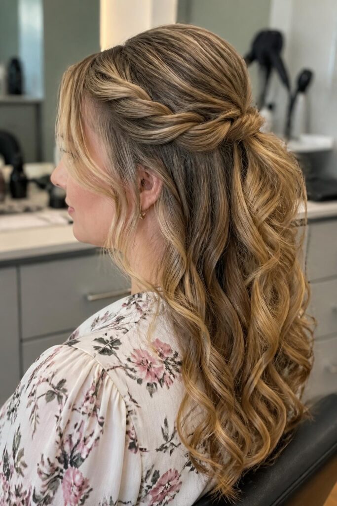 Half pony with twisted crown and curls