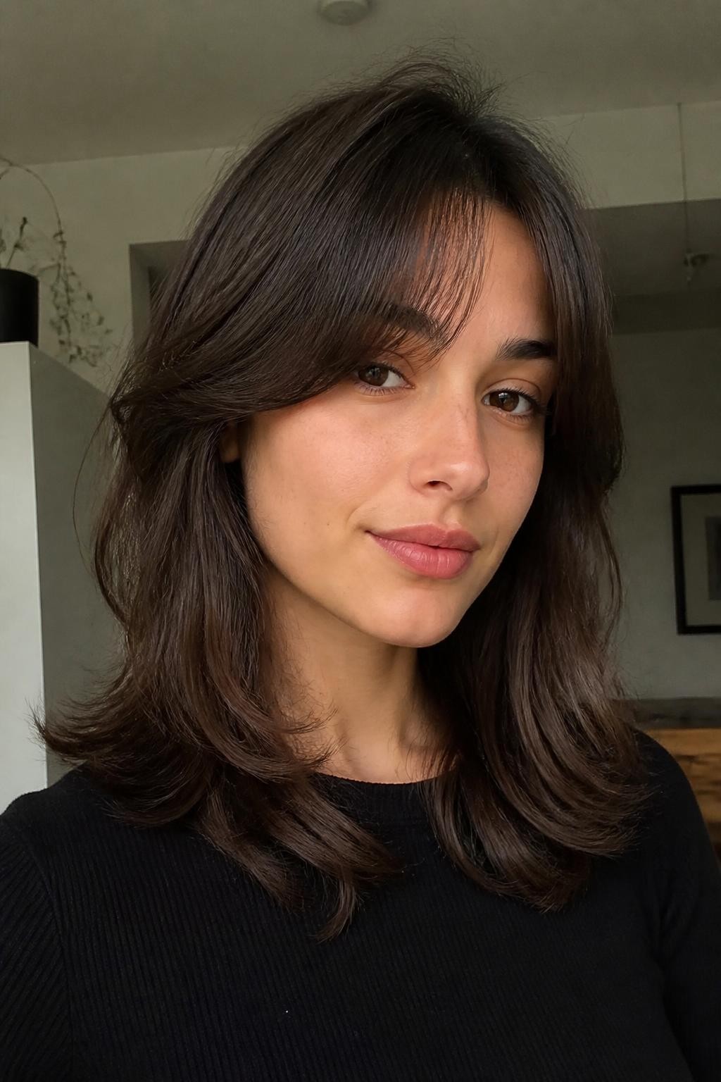 Woman with hush cut with curtain bangs, medium-length hair
