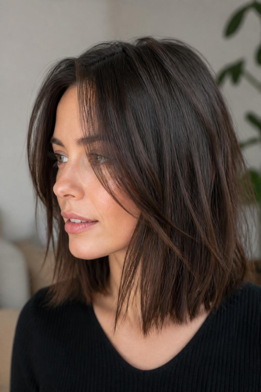 Woman with blunt hush cut with subtle face frame, medium-length hair