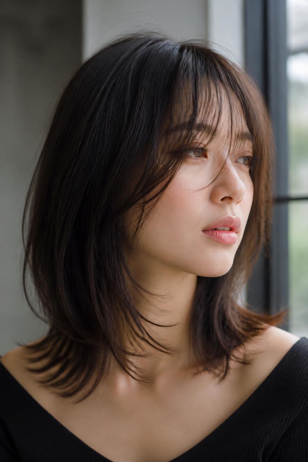 Woman with wispy bang hush cut for medium hair, medium-length hair