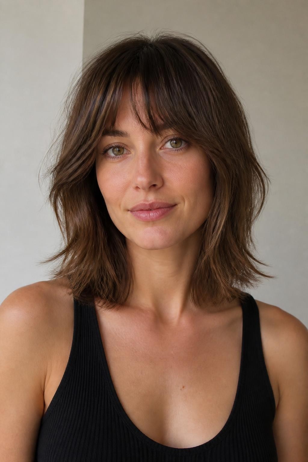 Woman with textured hush cut for fine medium hair, medium-length hair
