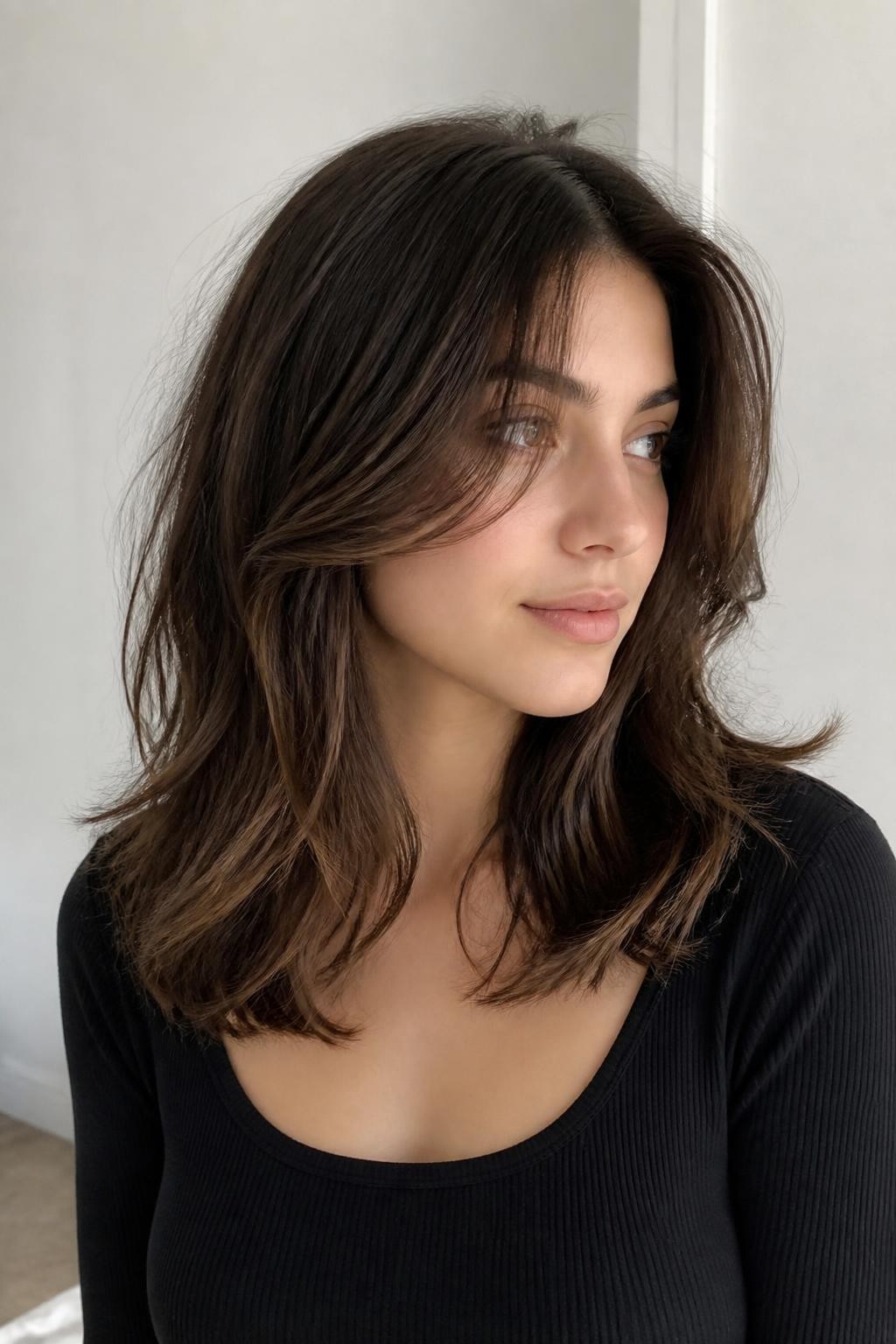 Woman with hush cut with soft money piece, medium-length hair