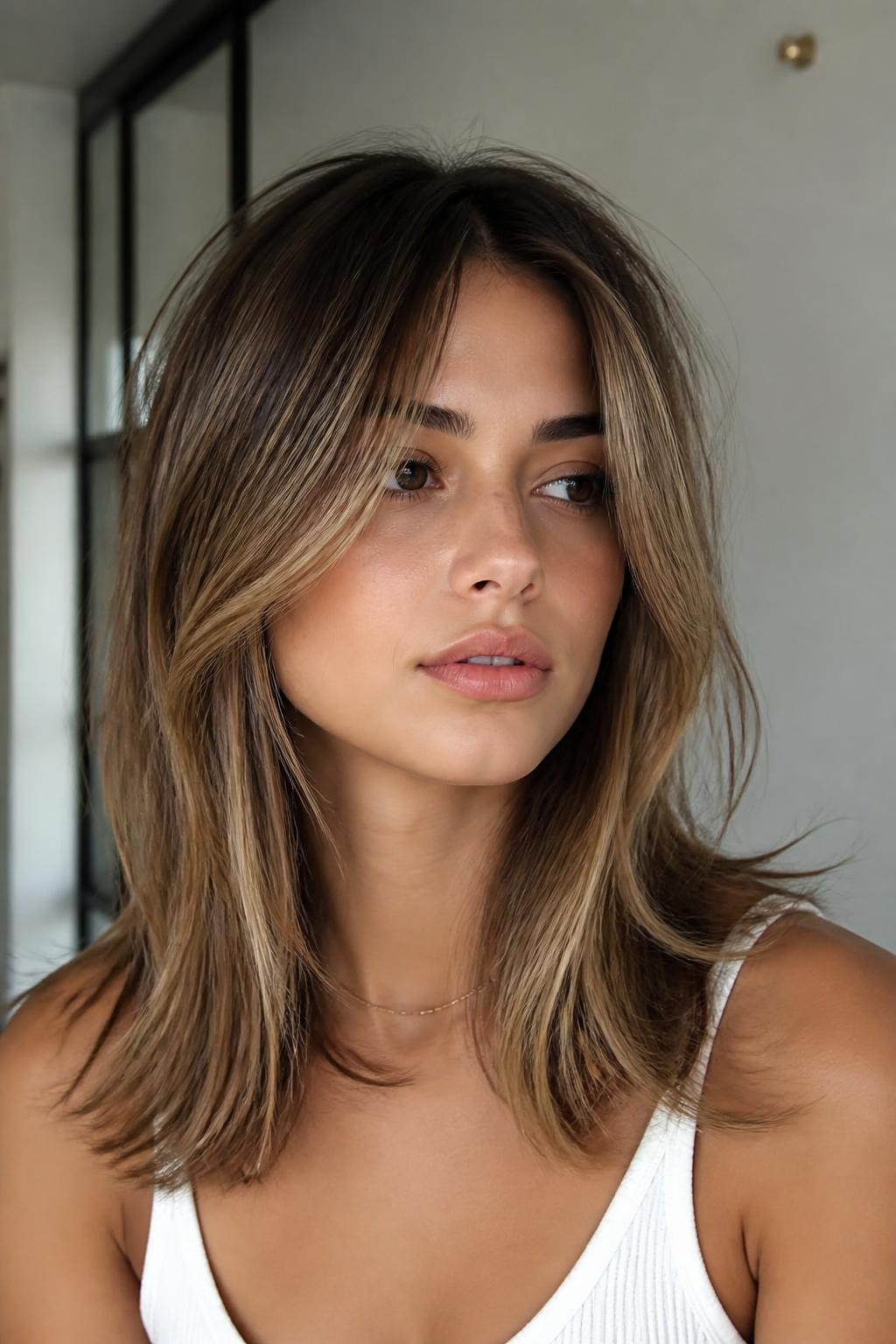 Woman with face-framing highlight hush cut, medium-length hair