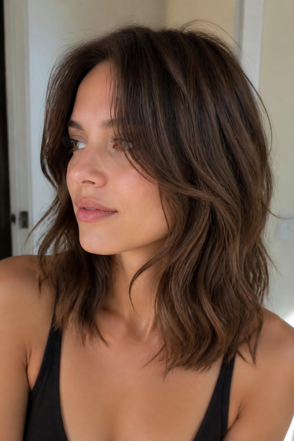 Woman with tousled wavy hush cut for medium hair, medium-length hair