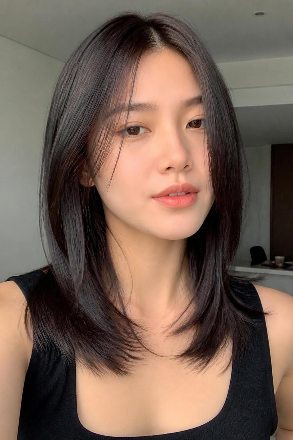 Woman with sleek straight hush cut for medium hair, medium-length hair