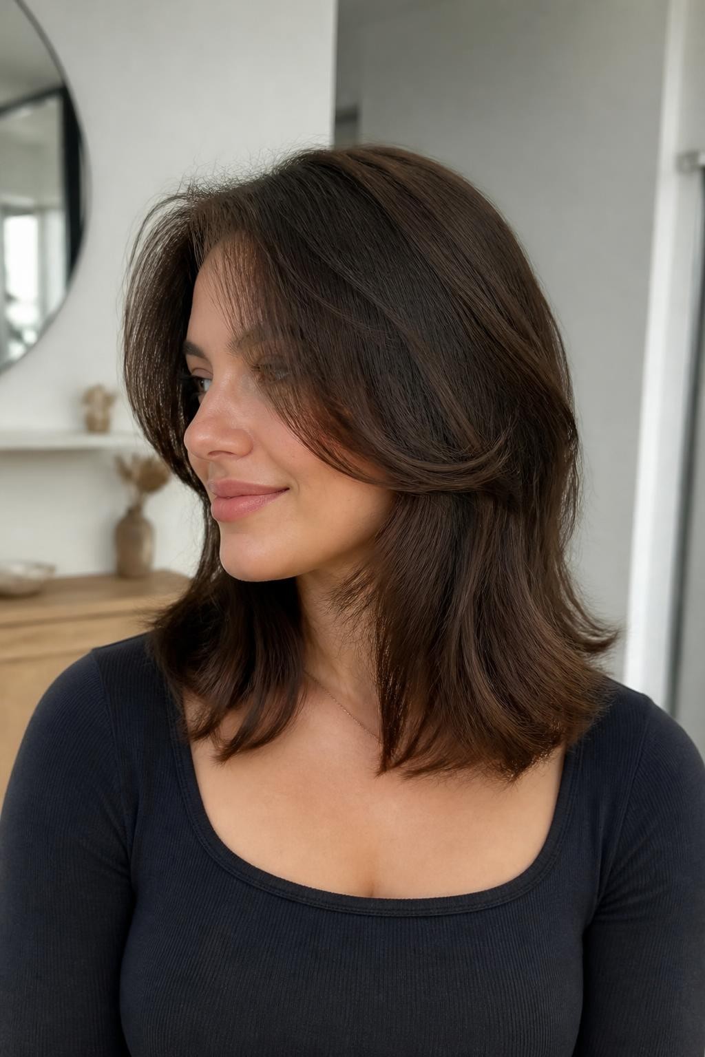 Woman with butterfly layer hush cut for medium hair, medium-length hair