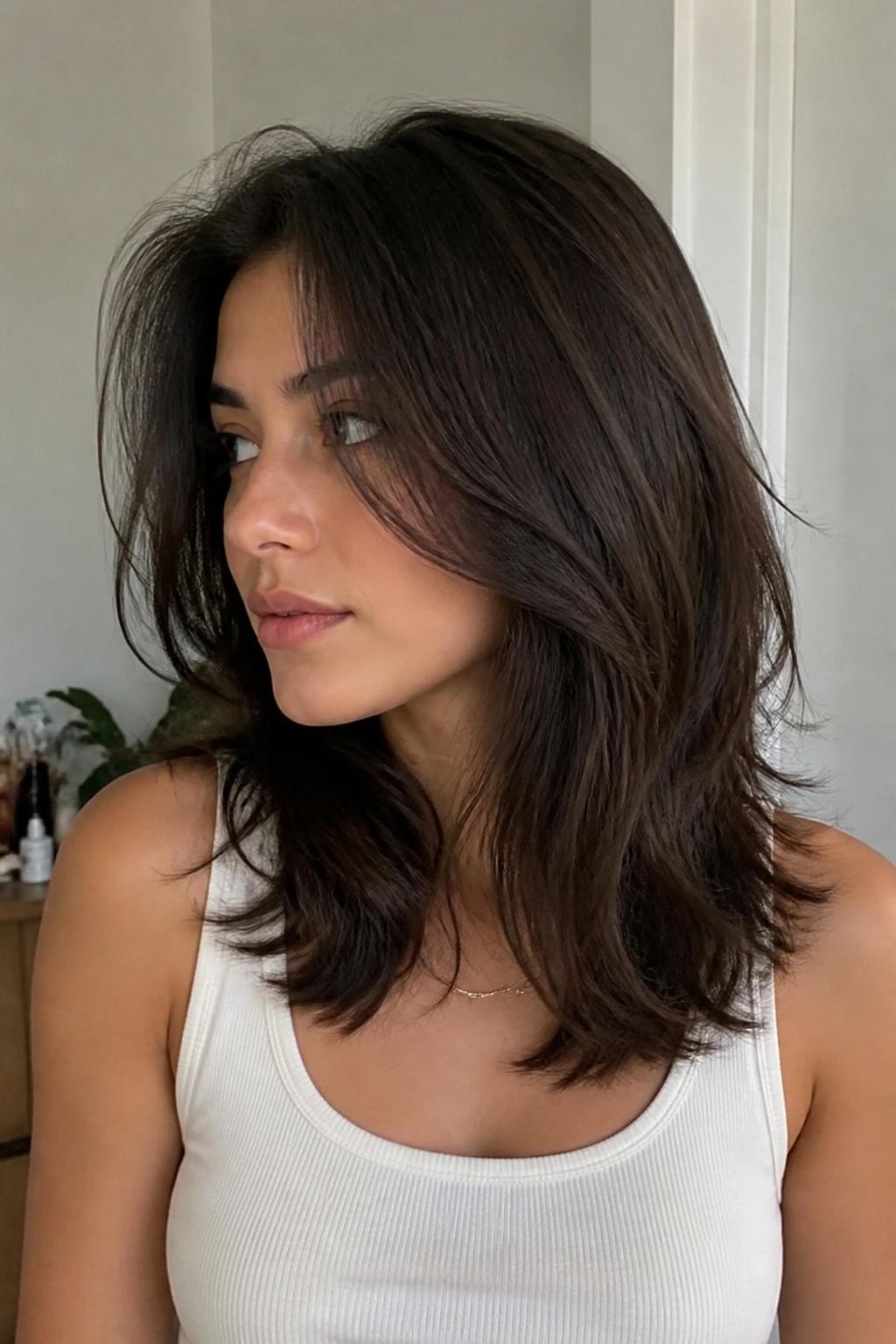 Woman with low-maintenance long-layer hush cut, medium-length hair
