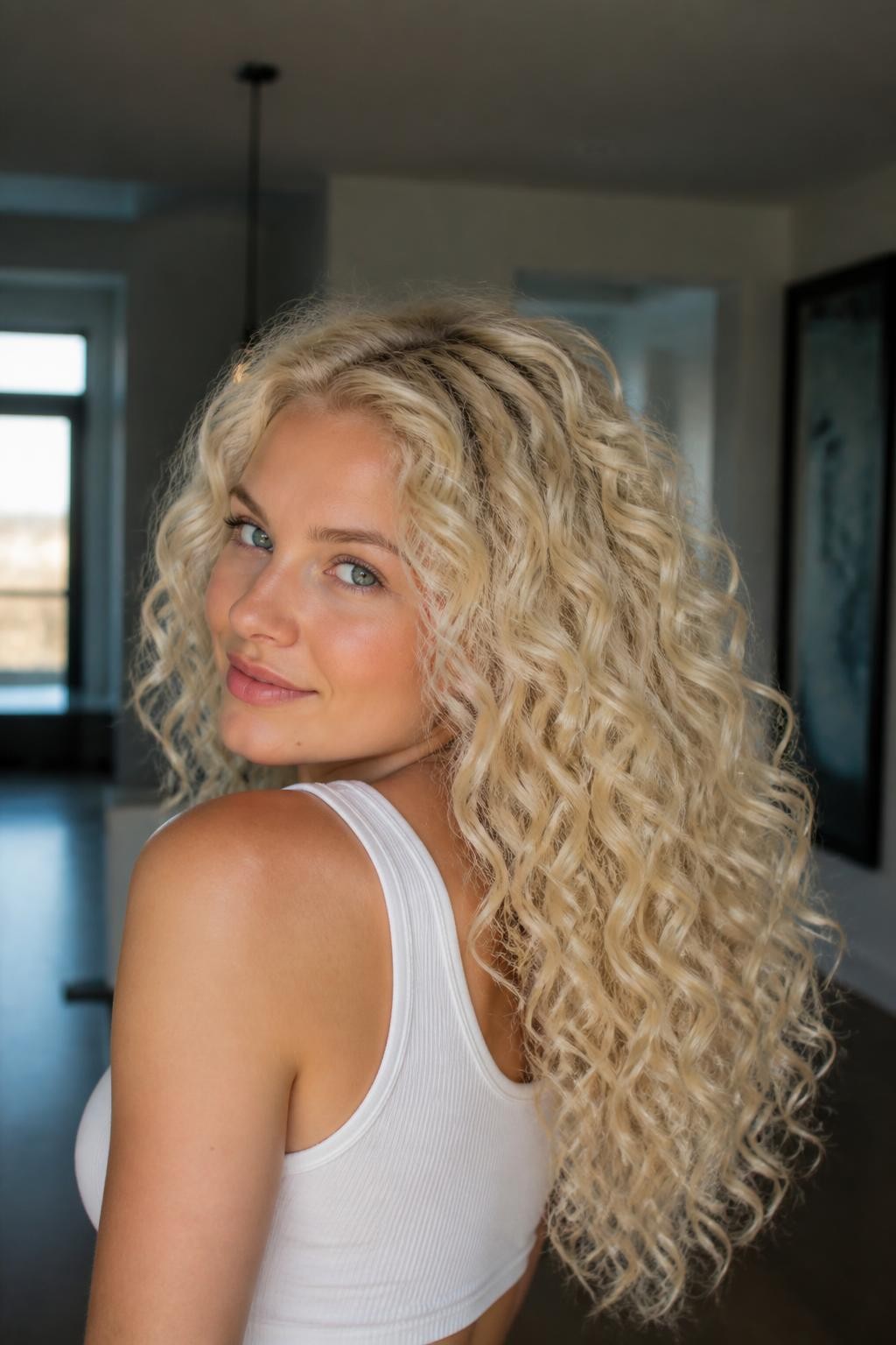 Woman with platinum blonde defined curls