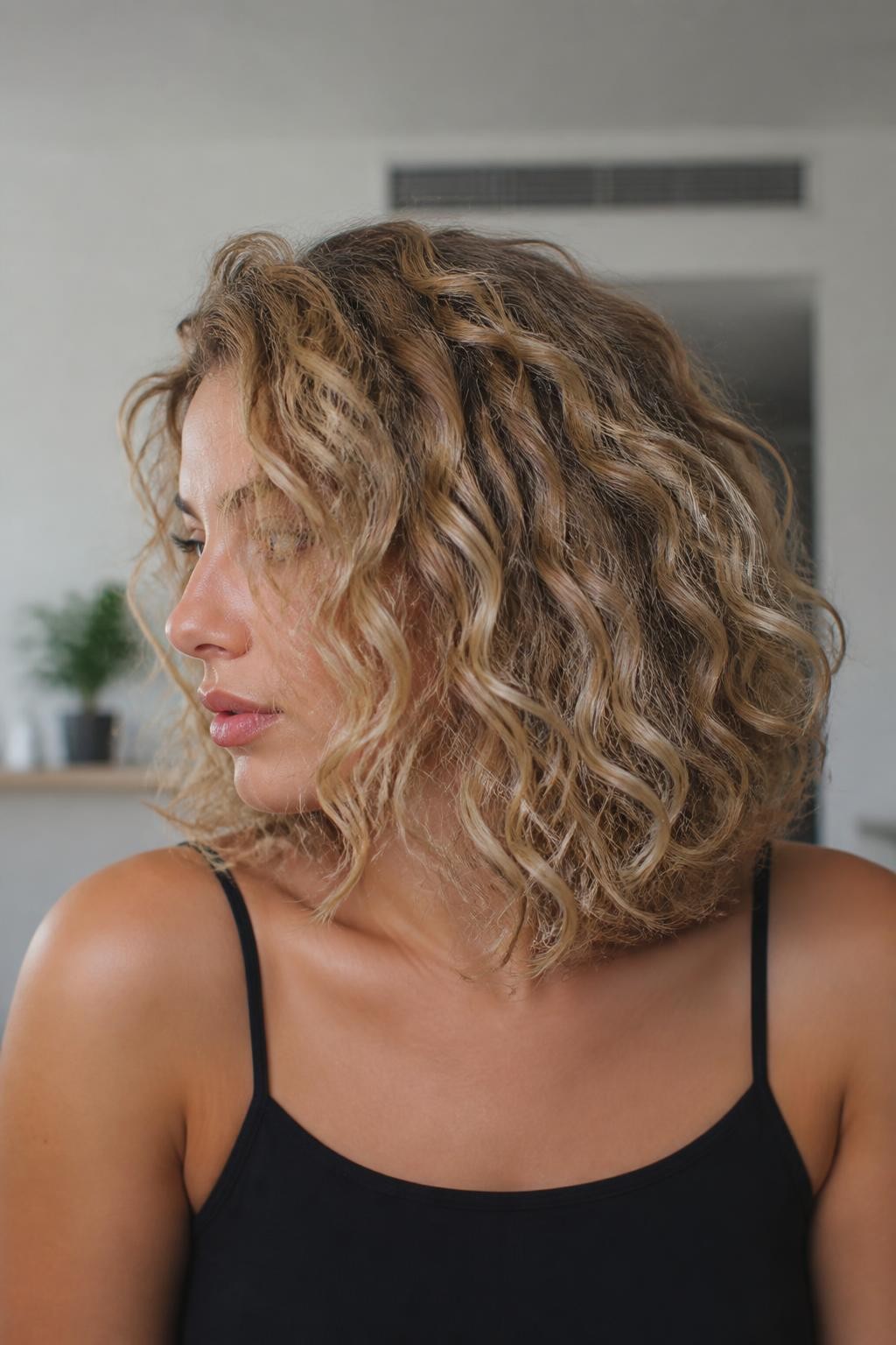 Woman with sandy blonde curly lob