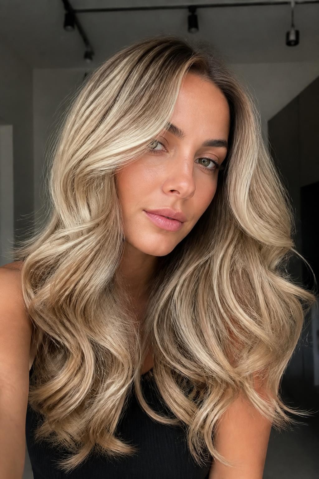 Woman with dimensional blonde curly blowout