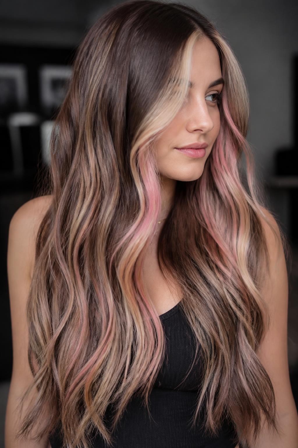 Woman with long hair with classic chocolate strawberry vanilla neapolitan highlights