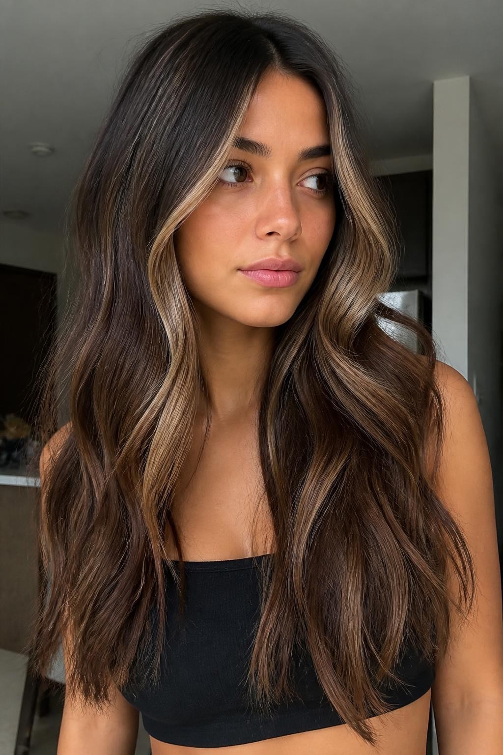 Woman with long chocolate hair with face-framing vanilla neapolitan highlights