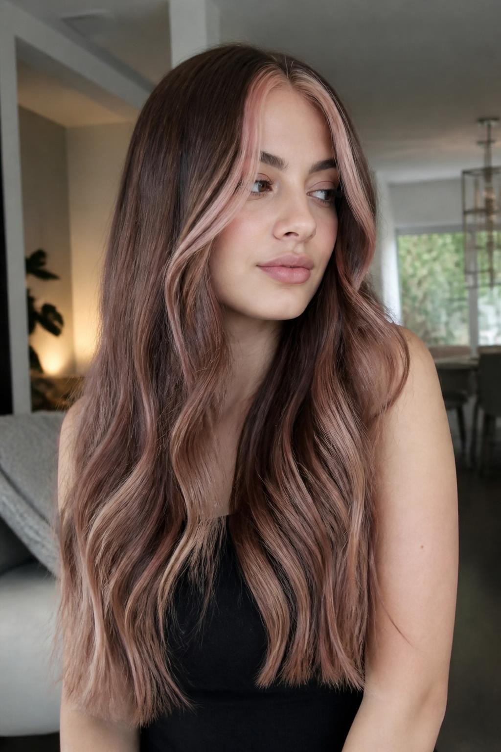 Woman with long hair with strawberry rose money piece and neapolitan highlights