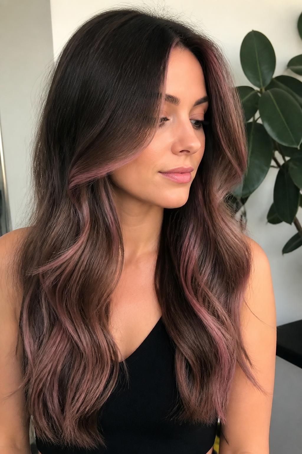 Woman with long hair with subtle neapolitan ribbon highlights