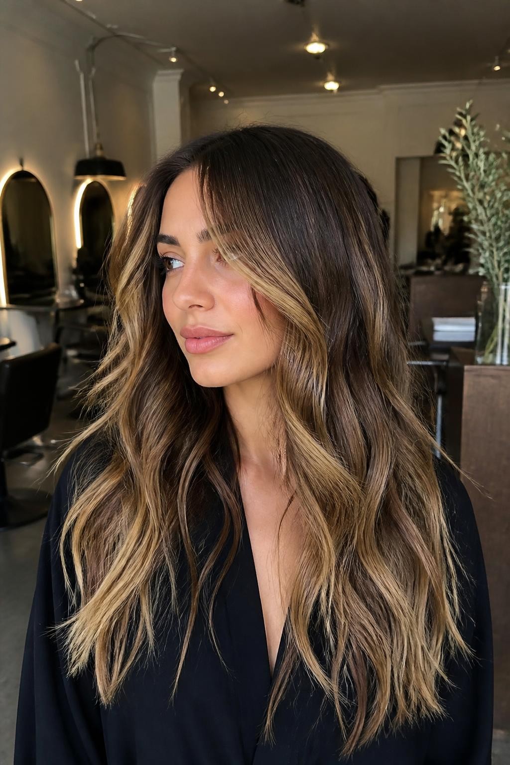 Woman with long hair with lived-in neapolitan highlight grow out