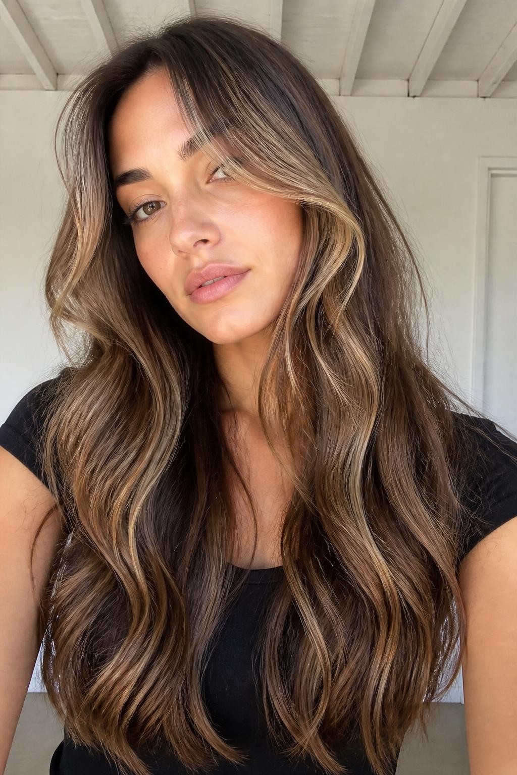 Woman with long hair with curtain bangs and neapolitan highlights