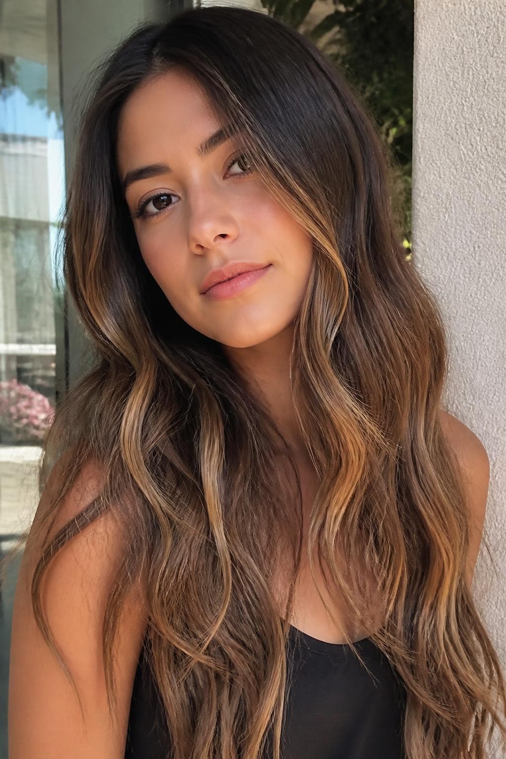 Woman with long wavy hair with warm neapolitan highlights