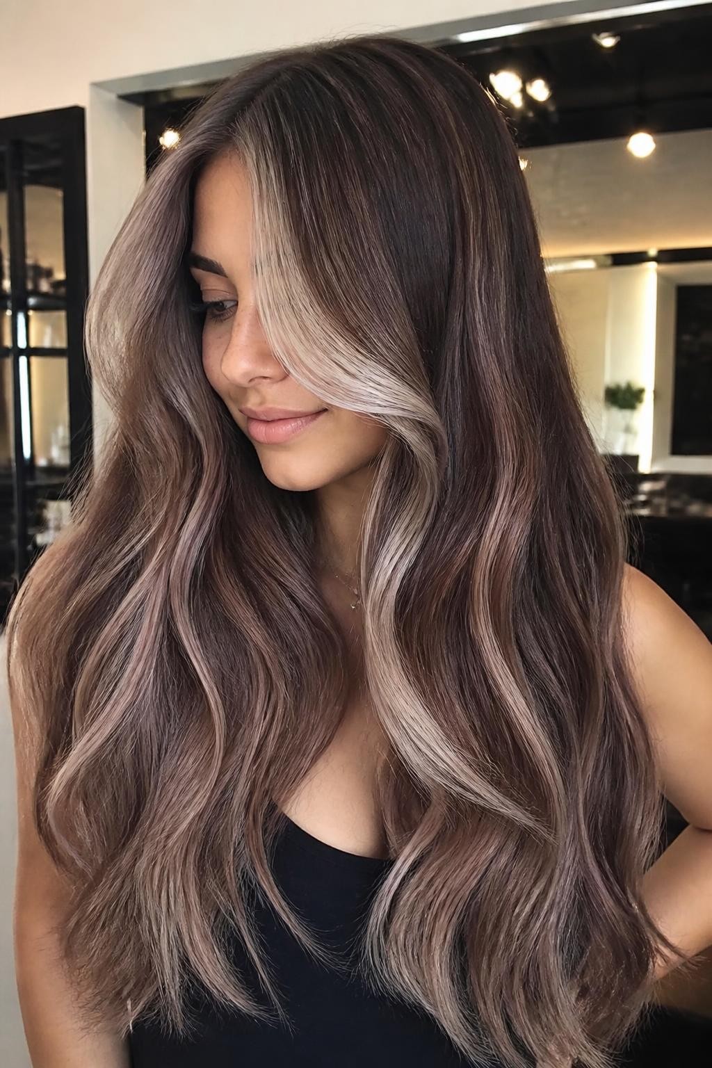 Woman with long hair with cool-toned ash chocolate dusty rose icy vanilla neapolitan highlights