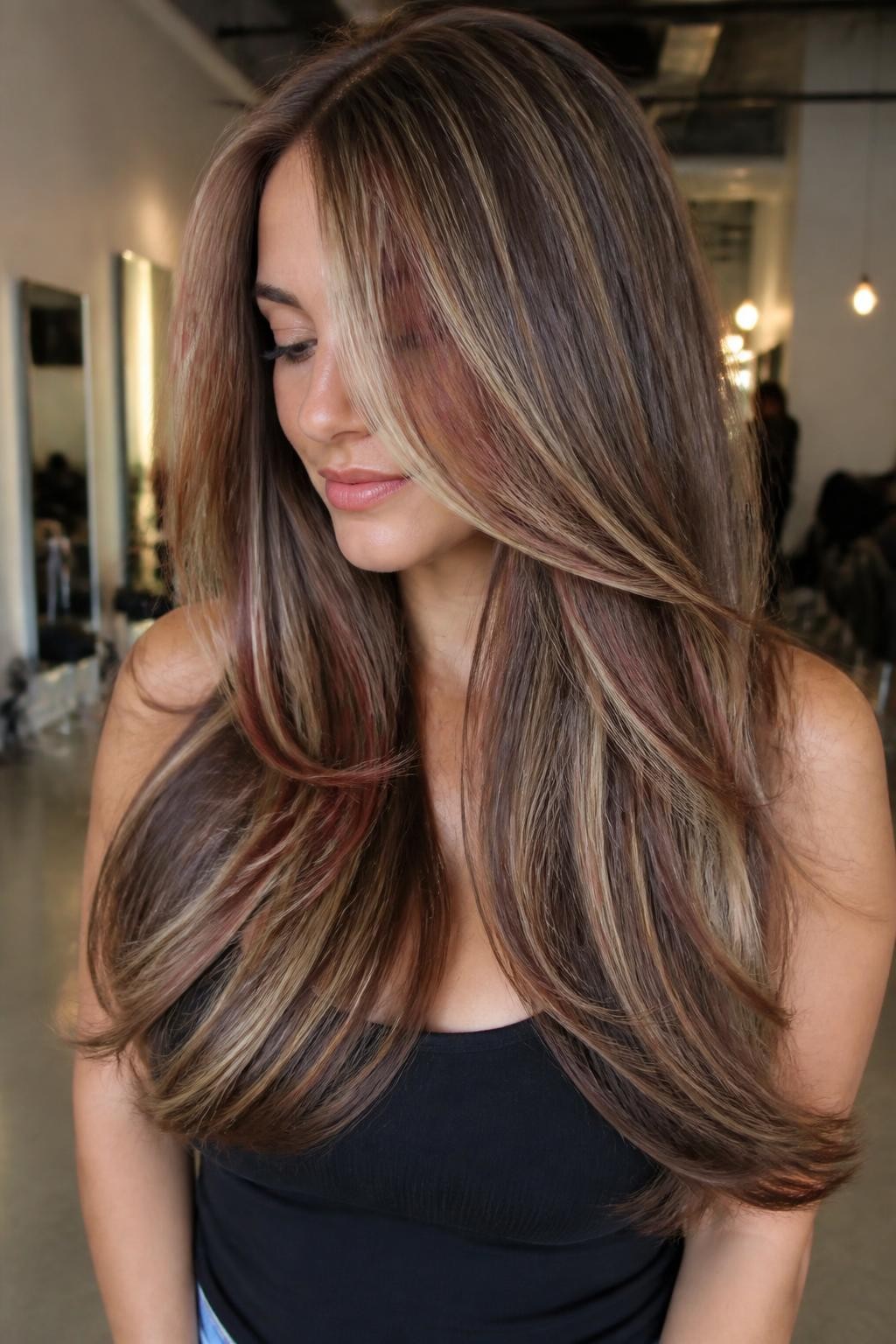 Woman with long blowout with neapolitan chocolate strawberry vanilla highlights