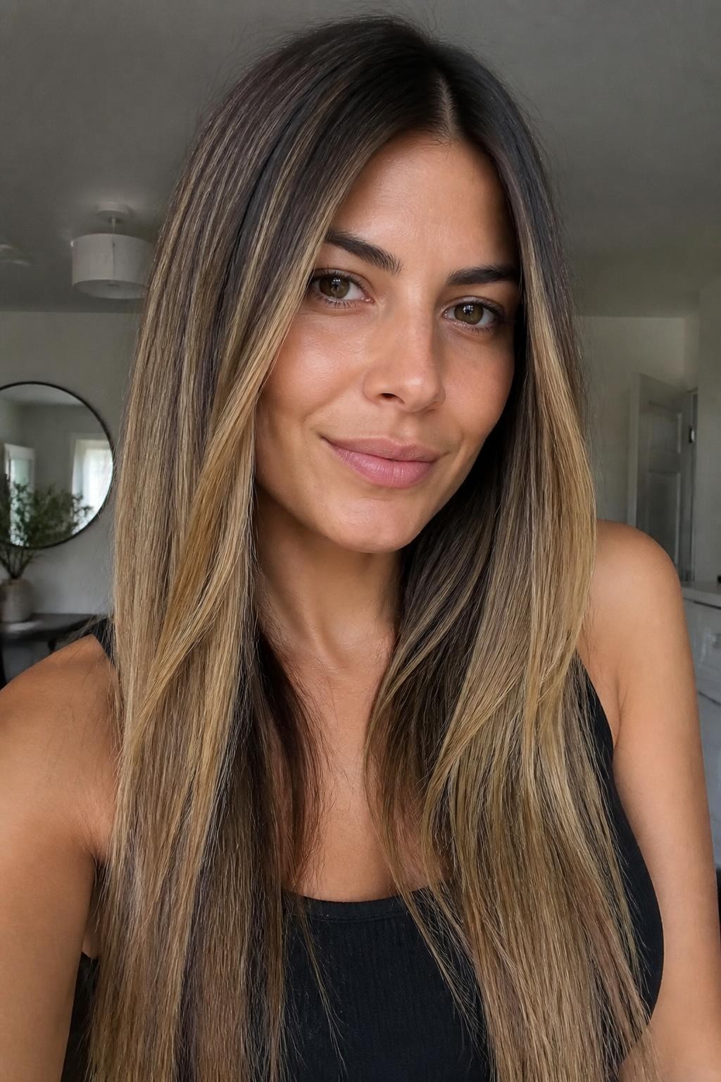 Woman with long straight hair with dimensional neapolitan highlights