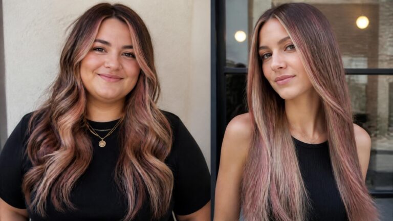 Two different women with long hair and neapolitan highlights