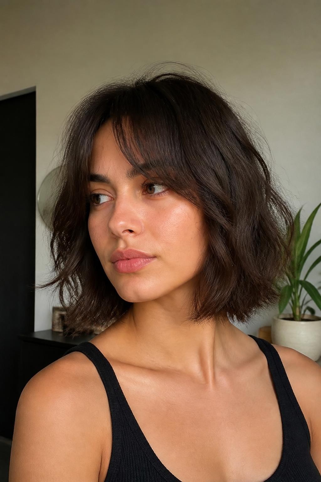Woman with shaggy bob with curtain bangs