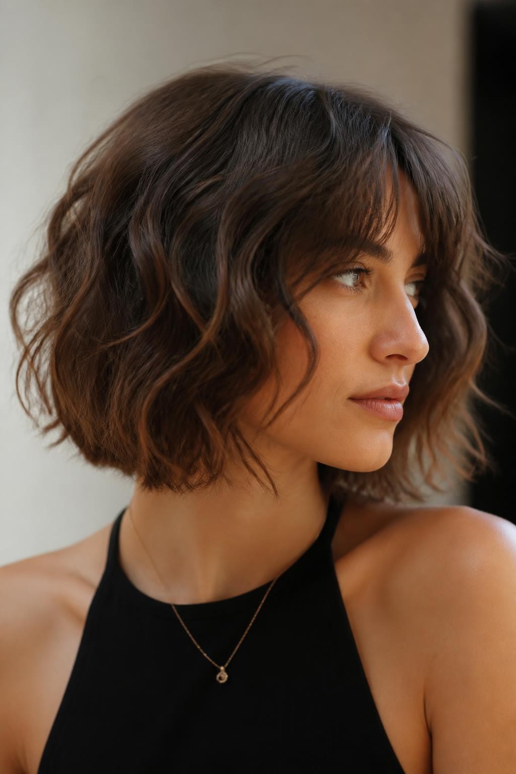 Woman with wavy shaggy bob haircut
