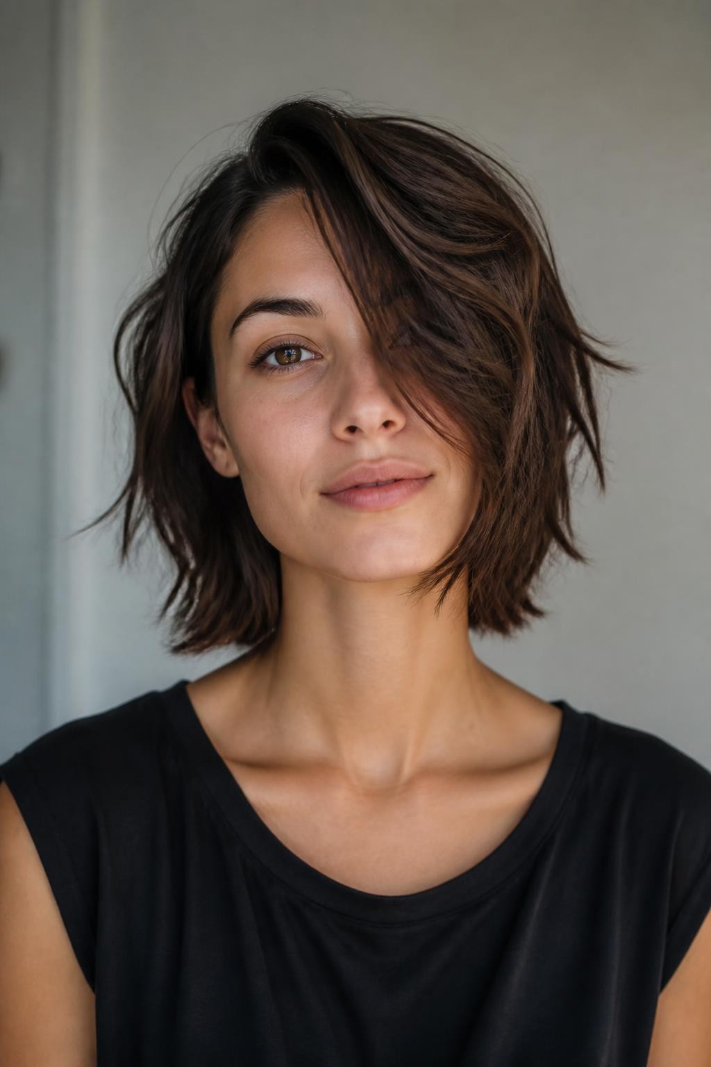 Woman with asymmetrical shaggy bob haircut