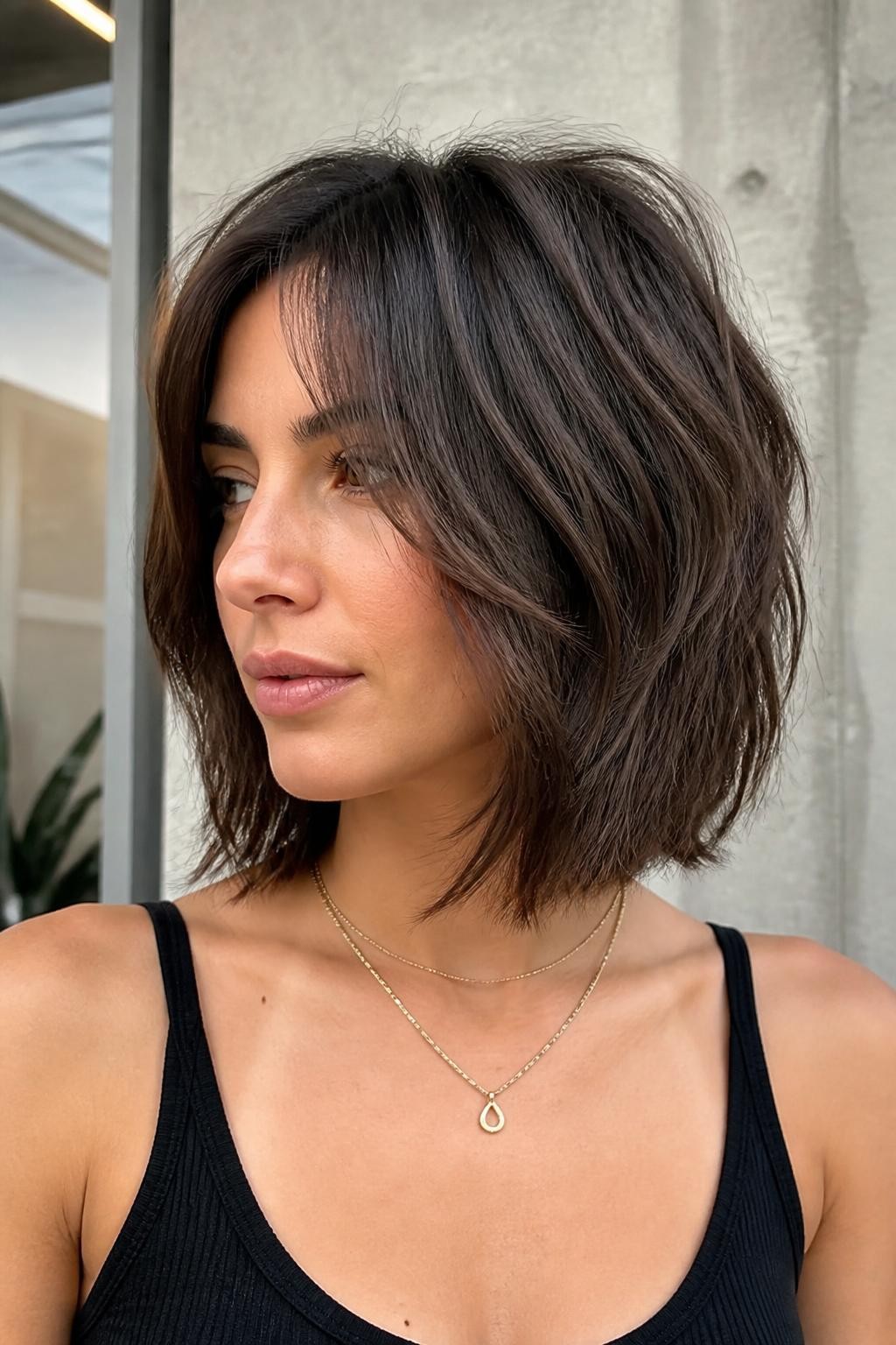 Woman with shaggy bob with face-framing layers