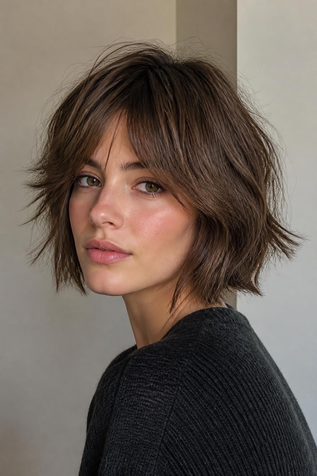 Woman with tousled shaggy bob haircut