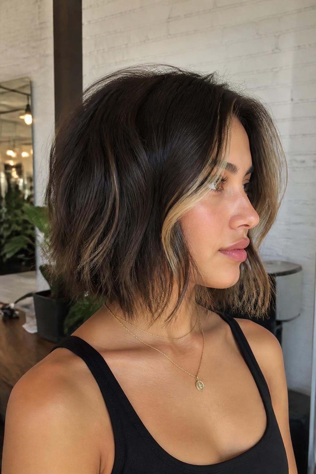 Woman with shaggy bob with soft money piece highlights
