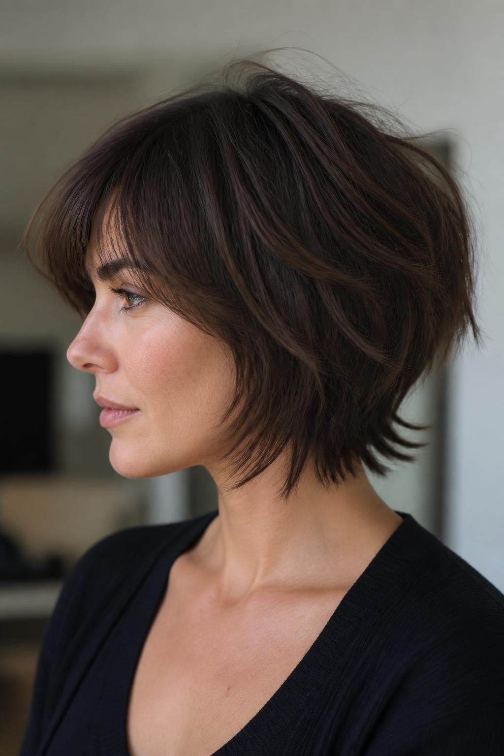 Woman with rounded shaggy bob with tapered ends