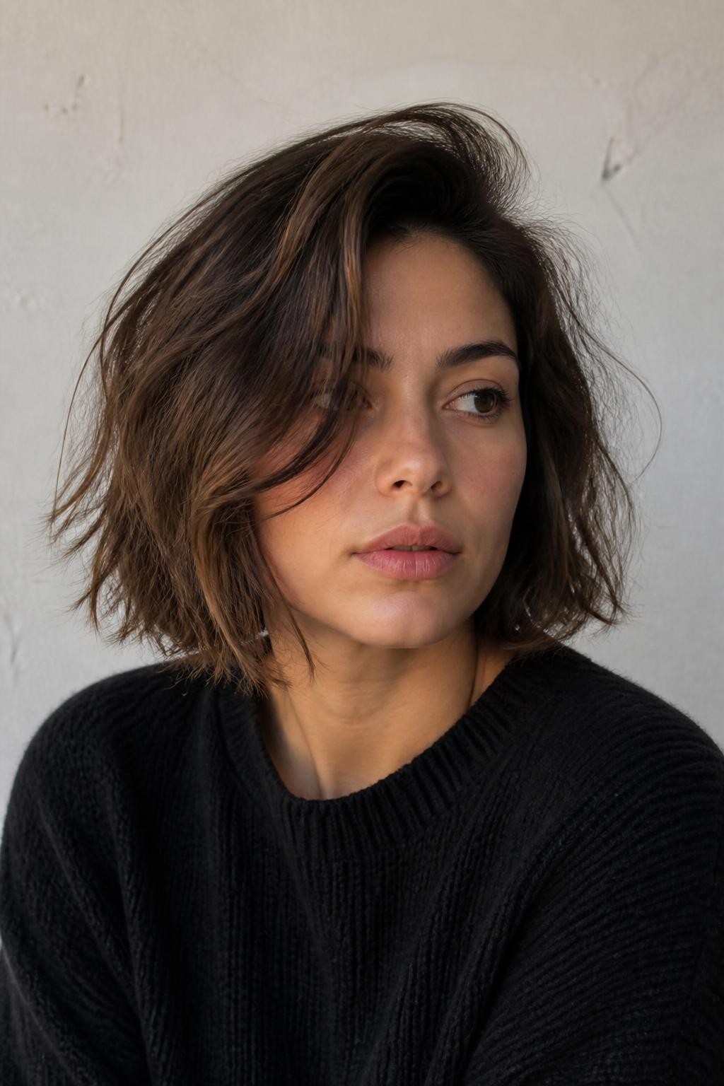 Woman with shaggy bob with deep side part