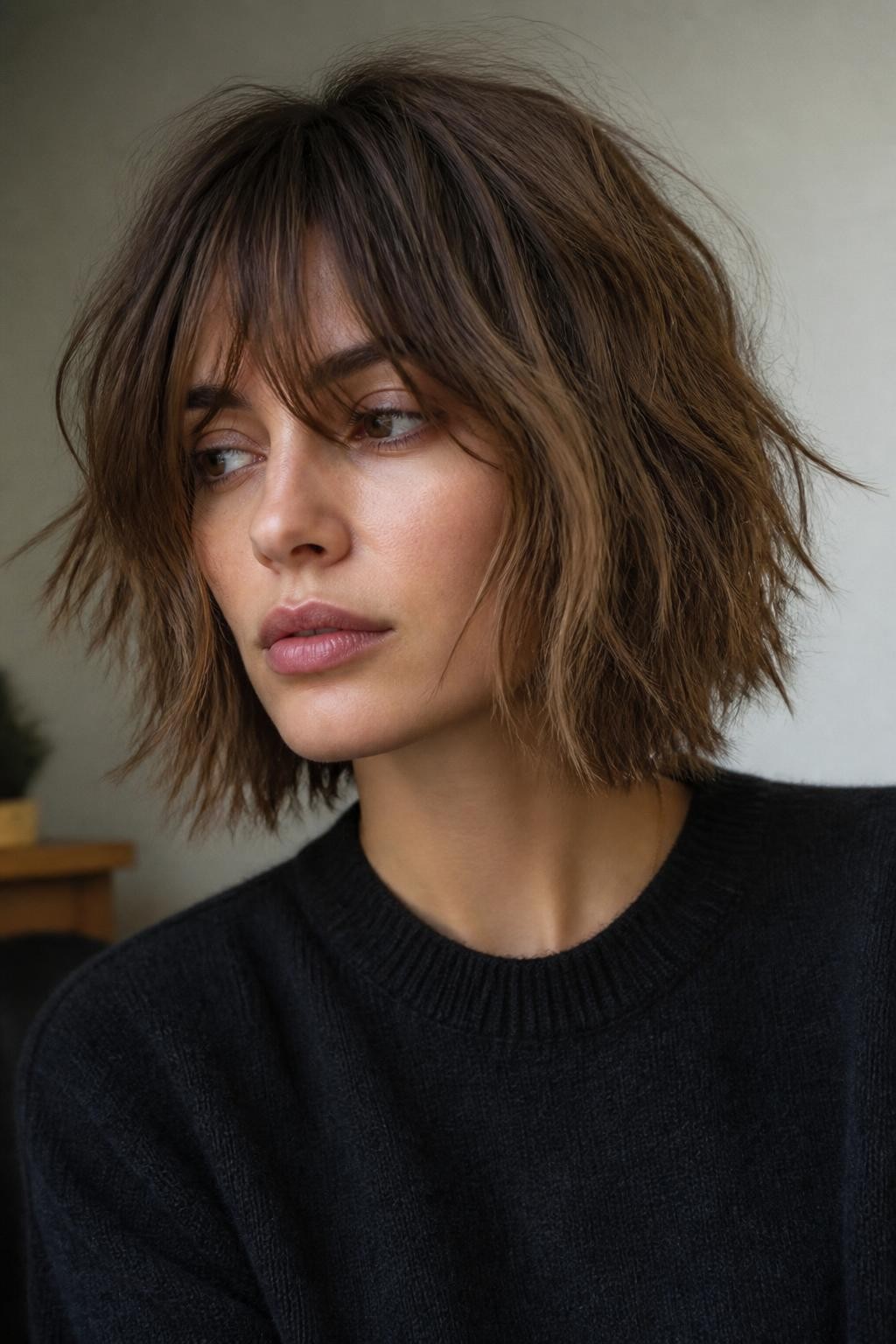 Woman with choppy lived-in shaggy bob haircut