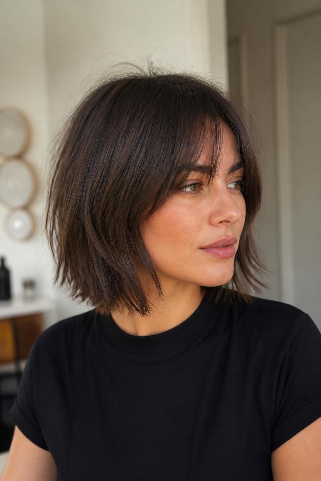 Woman with shaggy bob on straight hair