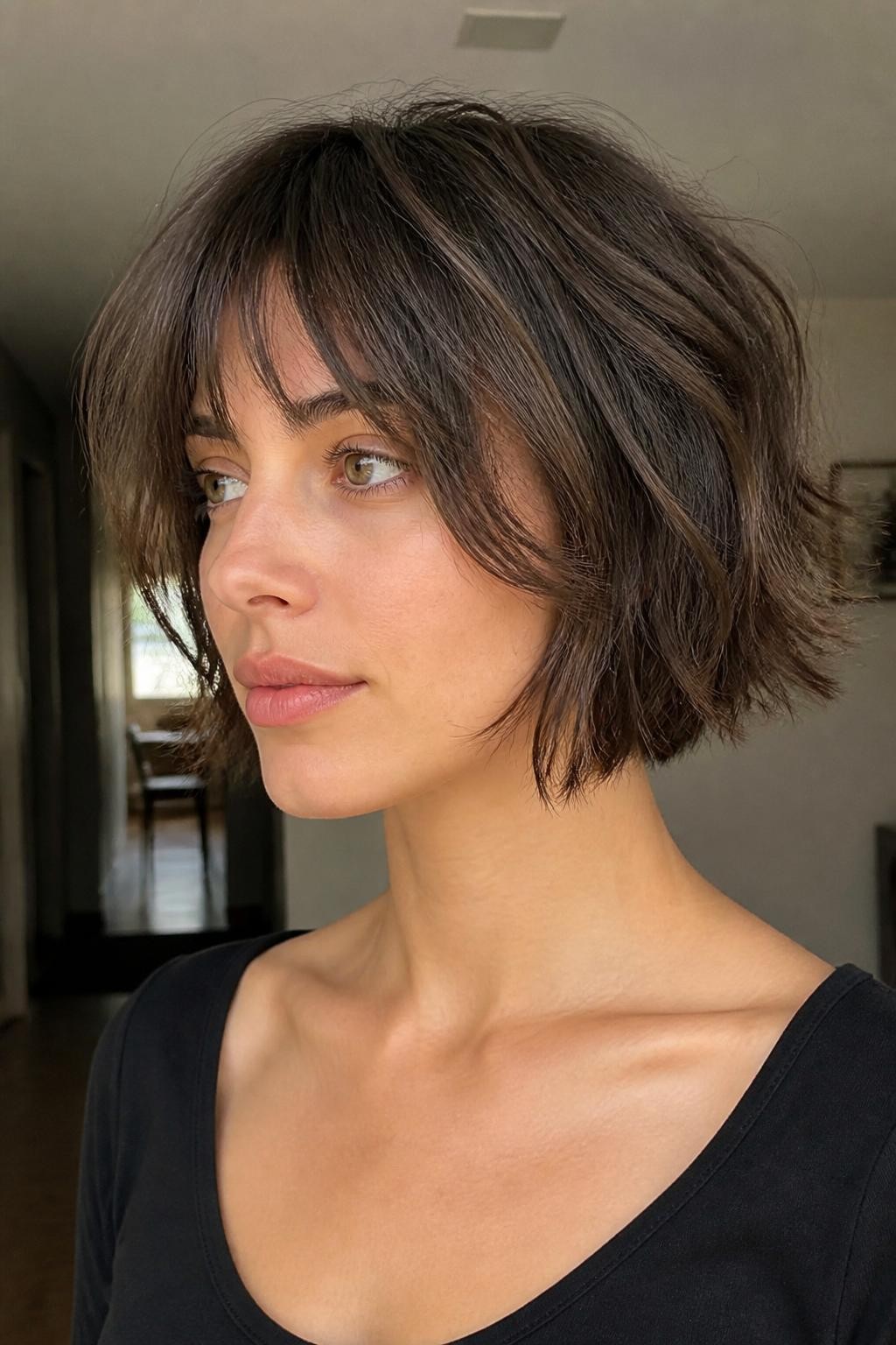 Woman with low-maintenance lived-in shaggy bob haircut