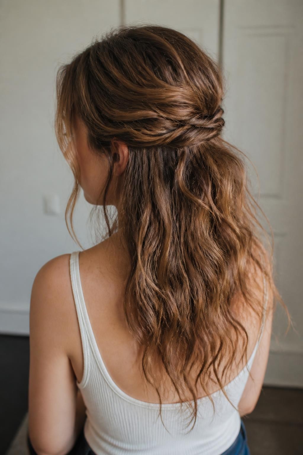 Woman with half-up hairstyle on frizzy wavy hair with loose textured waves