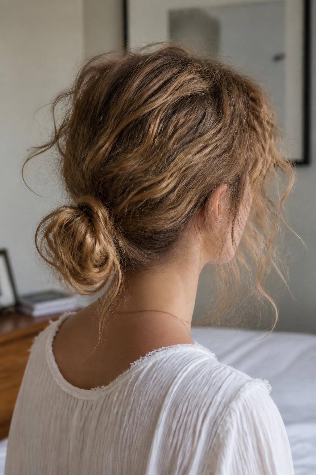 Woman with low messy bun on frizzy wavy hair with flyaways and texture