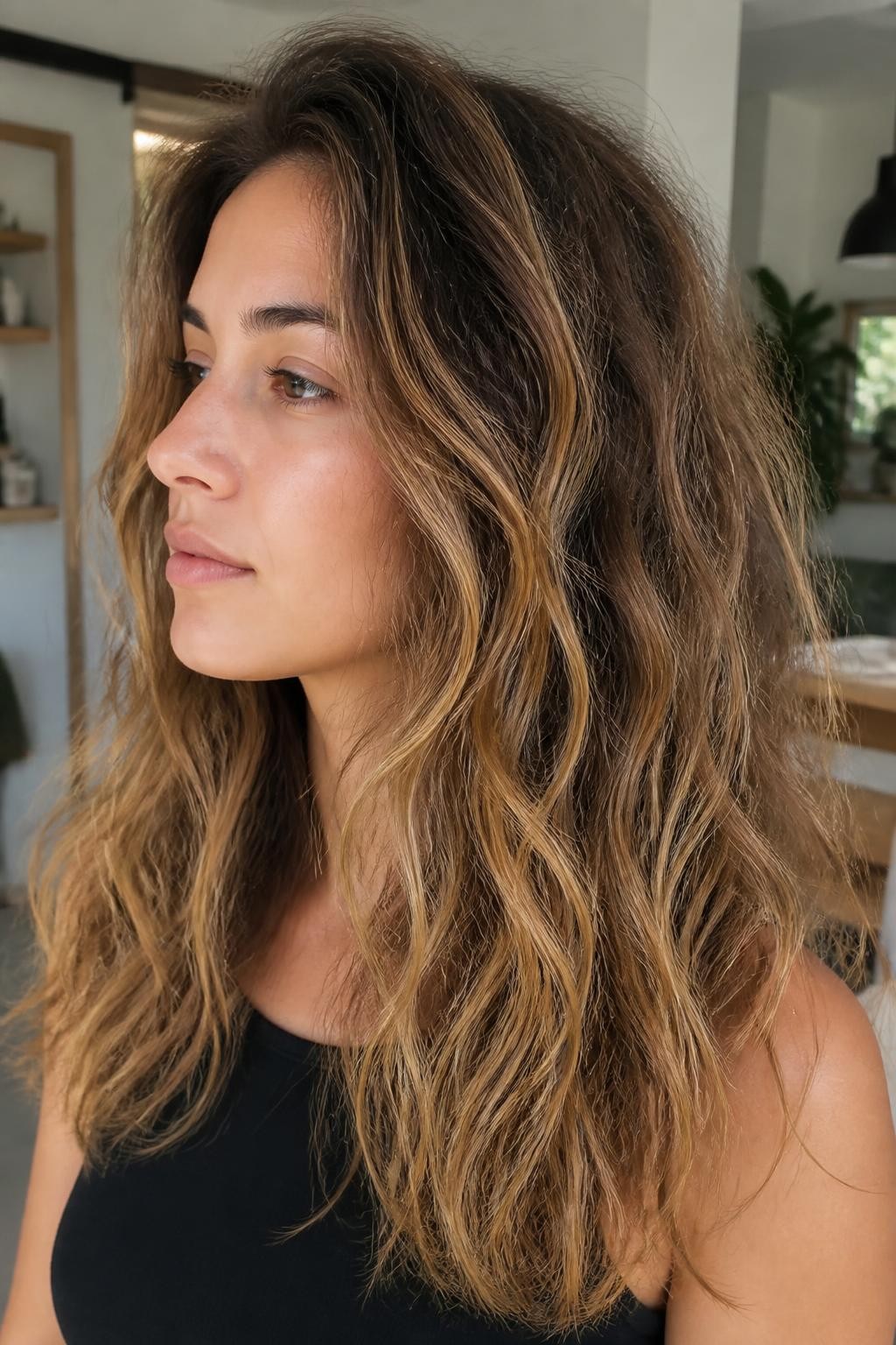 Woman with soft highlights on frizzy wavy hair with visible natural frizz