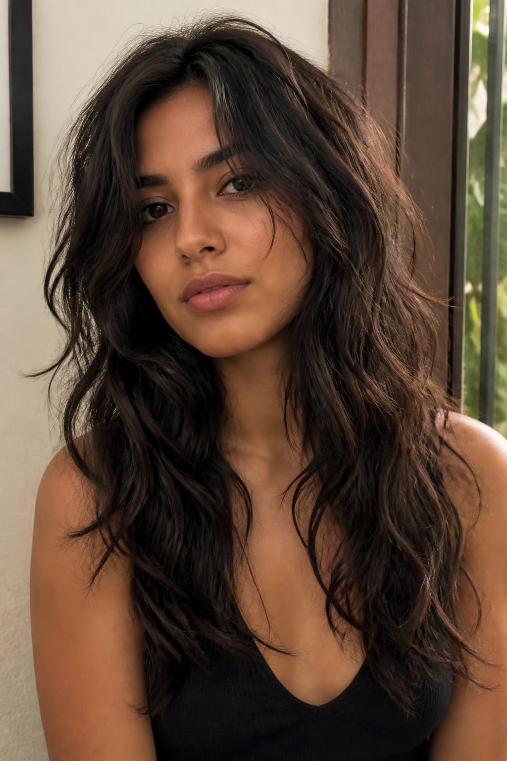 Woman with face-framing layers on frizzy wavy hair with visible texture
