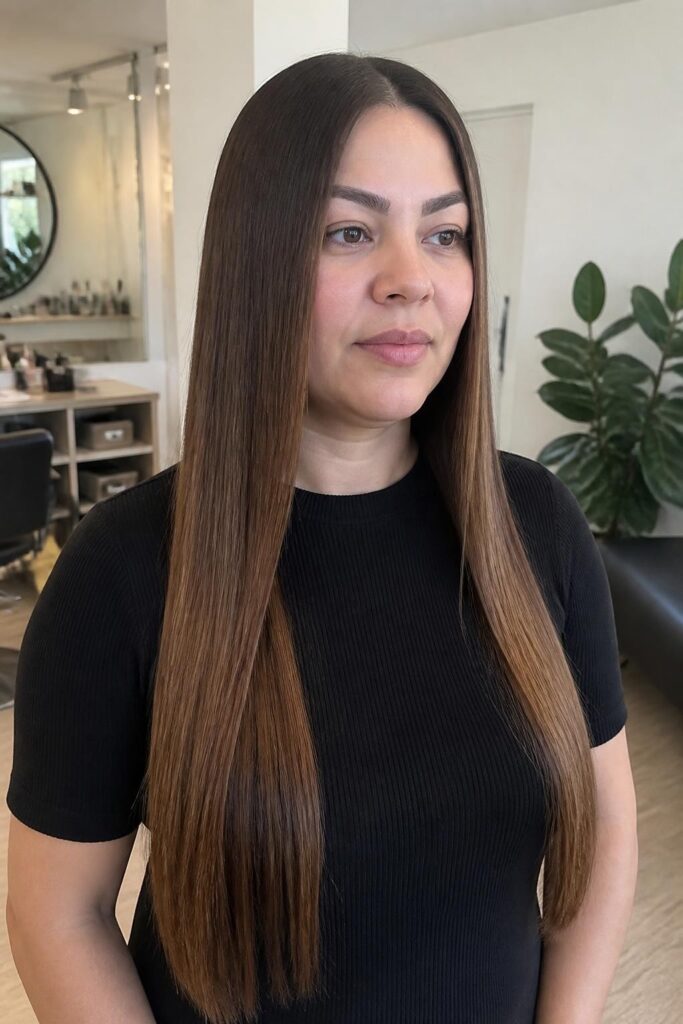 Long straight hair with center part