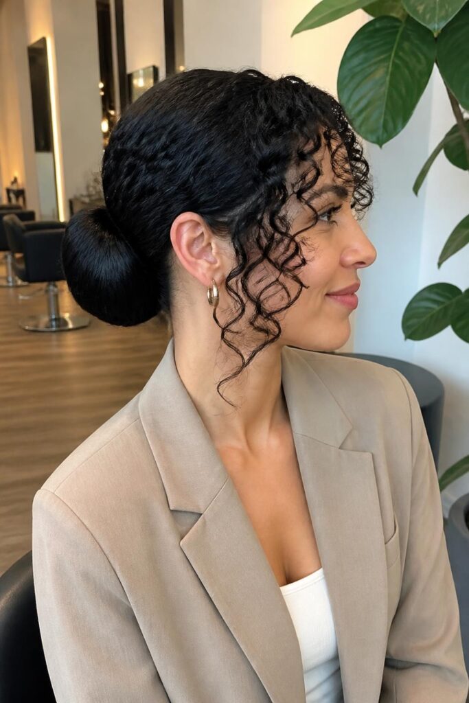 Low bun with curly bangs