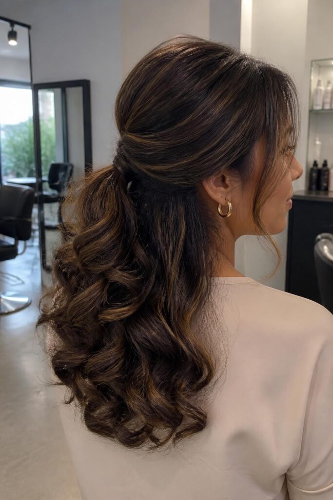 Low half pony with voluminous curls