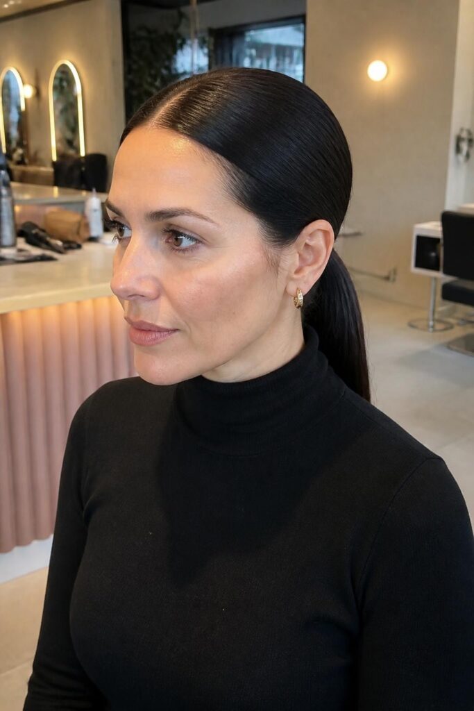 Low sleek ponytail with middle part