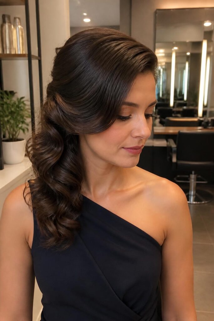 Side swept roll with curls