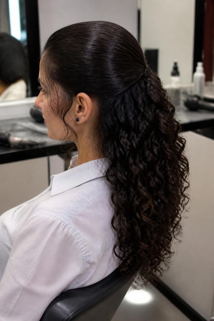 Sleek half pony with tight spiral curls