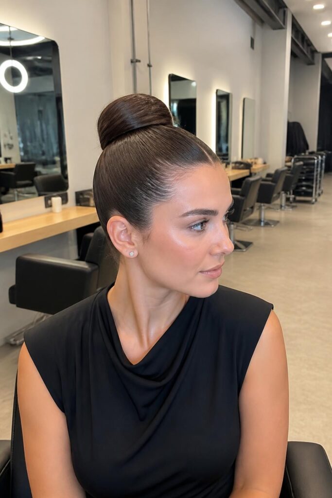 Sleek high bun with a middle part