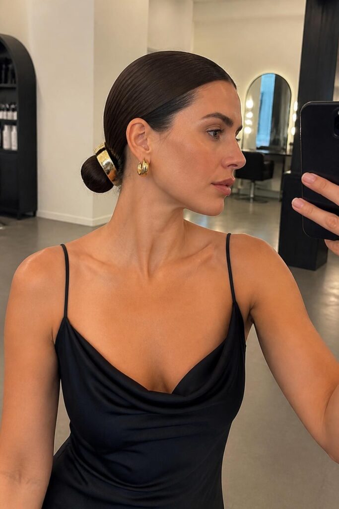 Sleek low bun with a gold cuff