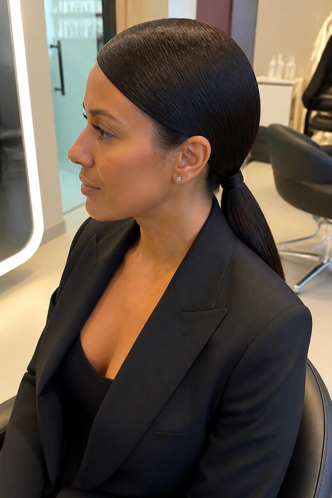 Sleek low ponytail with a deep side part